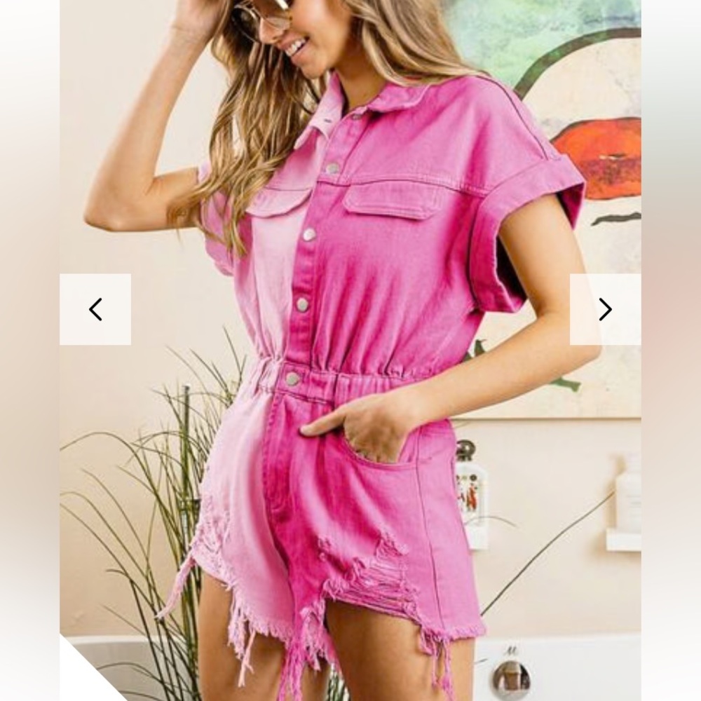 BiBi Contrast Half Snap Frayed Hem Washed Elastic Waistband Romper-Blush/Pink